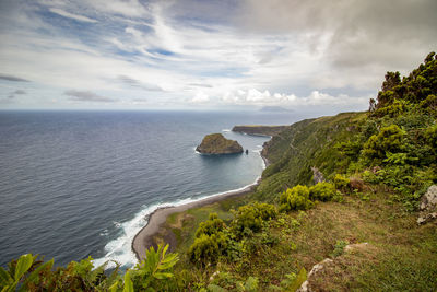 View over the atlantic ocean, coastal region, flores island, azores travel.