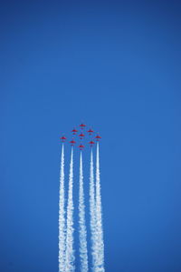 Low angle view of airplanes against clear blue sky