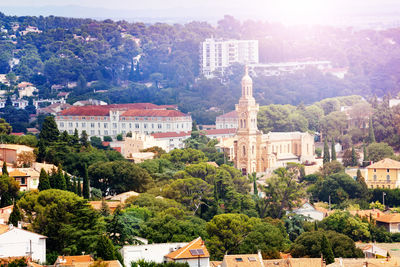 High angle view of buildings in city