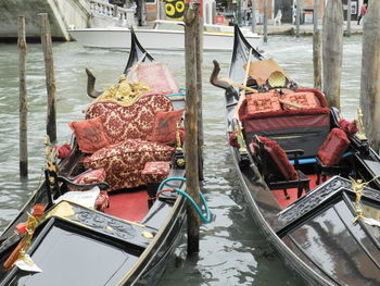 Close-up of boats moored in canal