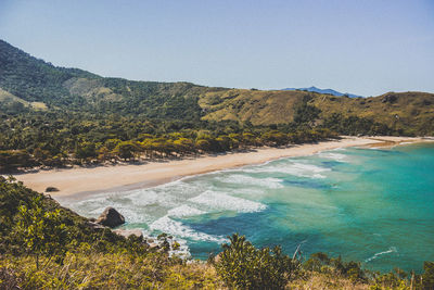 Scenic view of sea against clear blue sky