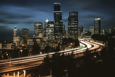 High angle view of illuminated city at night