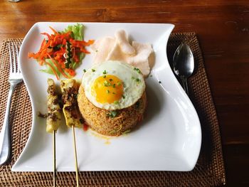 High angle view of breakfast served on table