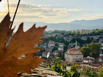 High angle shot of townscape against sky