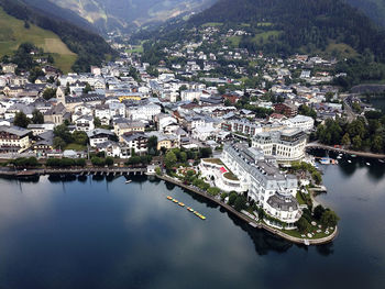 High angle view of city at waterfront