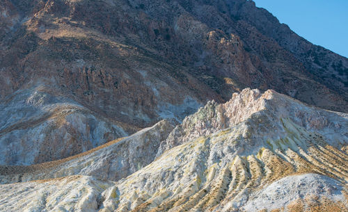 Aerial view of land and mountains against sky