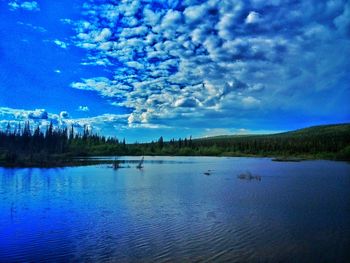 Scenic view of lake against blue sky