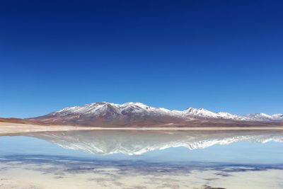 Scenic view of snowcapped mountains against blue sky