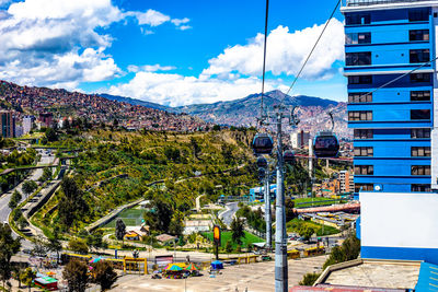 Panoramic view of buildings in town against sky