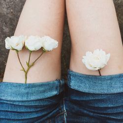 Low section of woman with pink rose flower