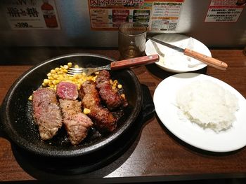 High angle view of food in plate on table