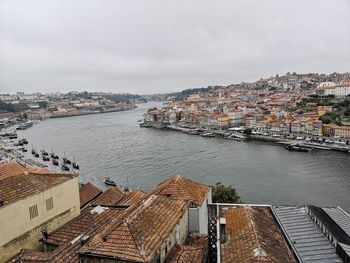 High angle view of river by buildings against sky