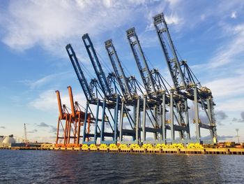 Cranes at harbor against sky