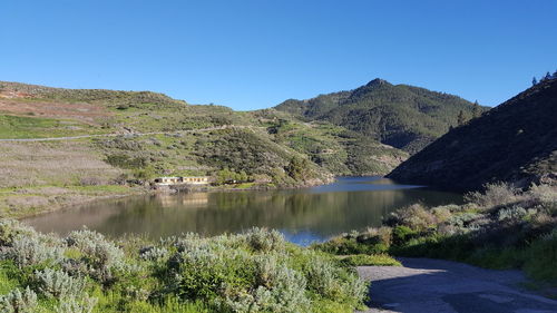 Scenic view of lake by mountains against clear blue sky