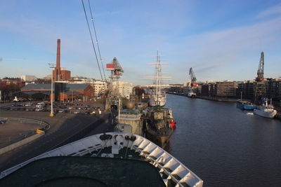 High angle view of commercial dock against sky