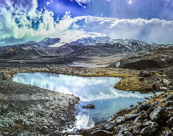 Scenic view of lake and snowcapped mountains against sky