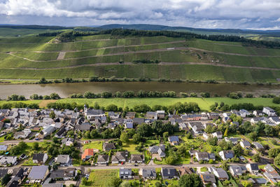Scenic view of agricultural field by houses