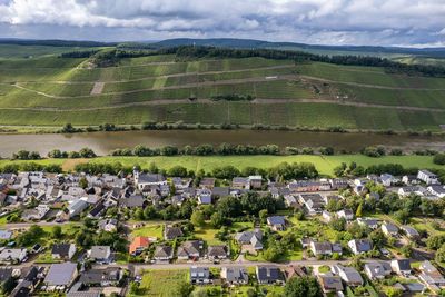 Aerial view of a landscape in rhineland-palatinate on the river moselle with the village brauneberg
