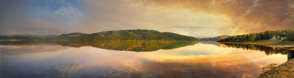 Panoramic view of lake against sky during sunset