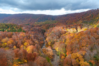 Scenic view of mountains against sky during autumn