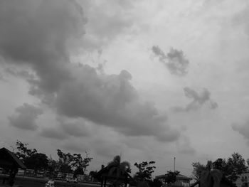 Low angle view of trees against sky in city