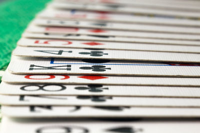 Close-up of playing cards arranged on table