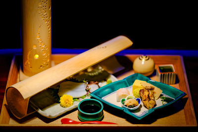 High angle view of japanese kaiseki food on a table.