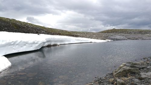 Scenic view of lake against cloudy sky