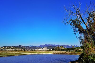 Scenic view of sea against clear blue sky