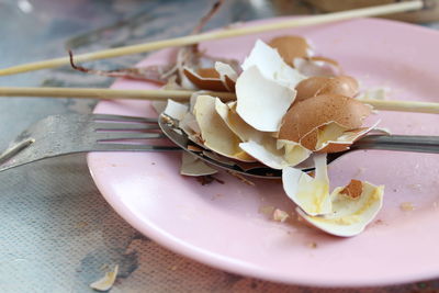 High angle view of dessert in plate on table