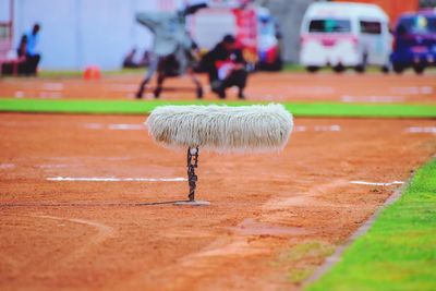 Rear view of woman holding umbrella on field