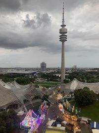 High angle view of city buildings against cloudy sky