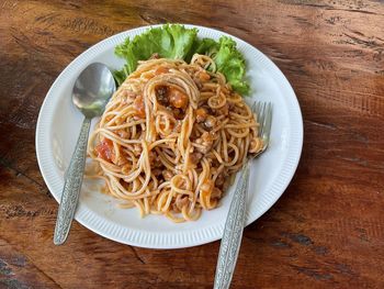 High angle view of noodles served in plate on table