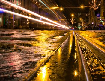 Surface level of wet road at night