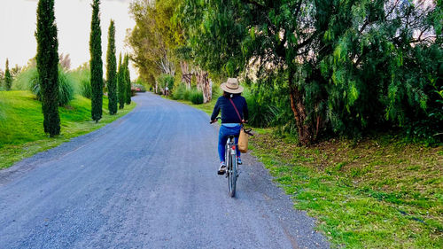 Rear view of woman riding bicycle on road