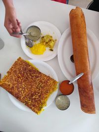 High angle view of breakfast served on table