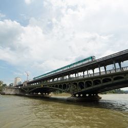 Bridge over river with city in background