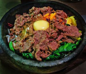 High angle view of food in plate