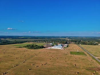 Scenic view of agricultural field against blue sky