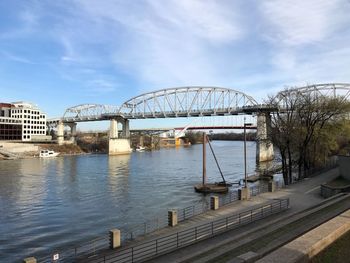 Bridge over river in city against sky