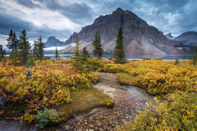 Scenic view of mountains against sky during autumn