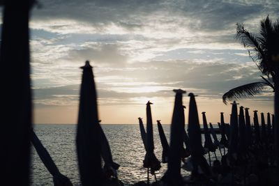 Silhouette wooden post in sea against sky during sunset