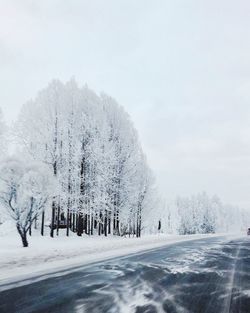 Snow covered road by trees against sky