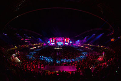 High angle view of illuminated fireworks at night