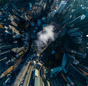 High angle view of illuminated buildings in city at night
