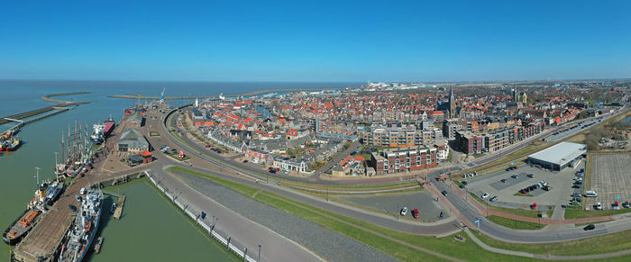 Aerial panorama from the city harlingen in friesland the netherlands