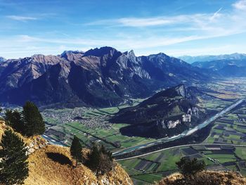 High angle view of mountains against sky