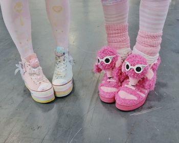 Low section of women standing on pink shoes