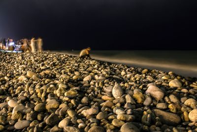 Close-up of pebbles on beach against sky at night