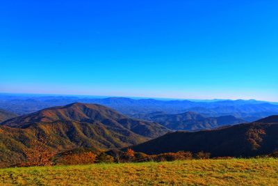 Scenic view of mountains against clear blue sky